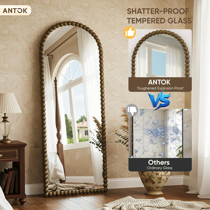 71" X 28" Arched Full Length Mirror, Antique Beaded Frame Floor Standing or Wall Mounted Mirror with Stand for Bedroom, Entryway, Bronze, Luxury Style