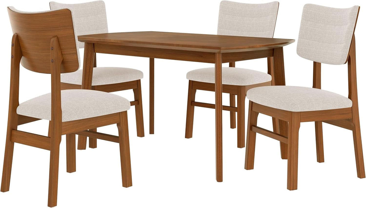 5 Piece Solid Wood Dining Table Set, Farmhouse Mid-Century Modern Table & 4 Upholstered Chairs for Home, Kitchen, Apartment, Space Saving, Brown+Biege
