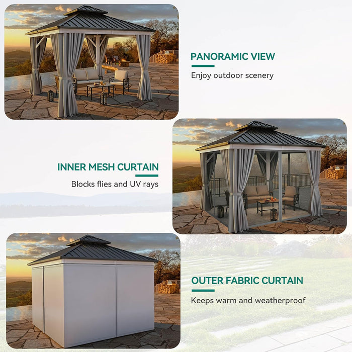 10X10FT Gazebo Patios Hard Top Outdoor Double Roof Canopy Aluminum Frame Metal Top Garden Gazebo with Curtains Netting for Backyards Decks Lawns, White