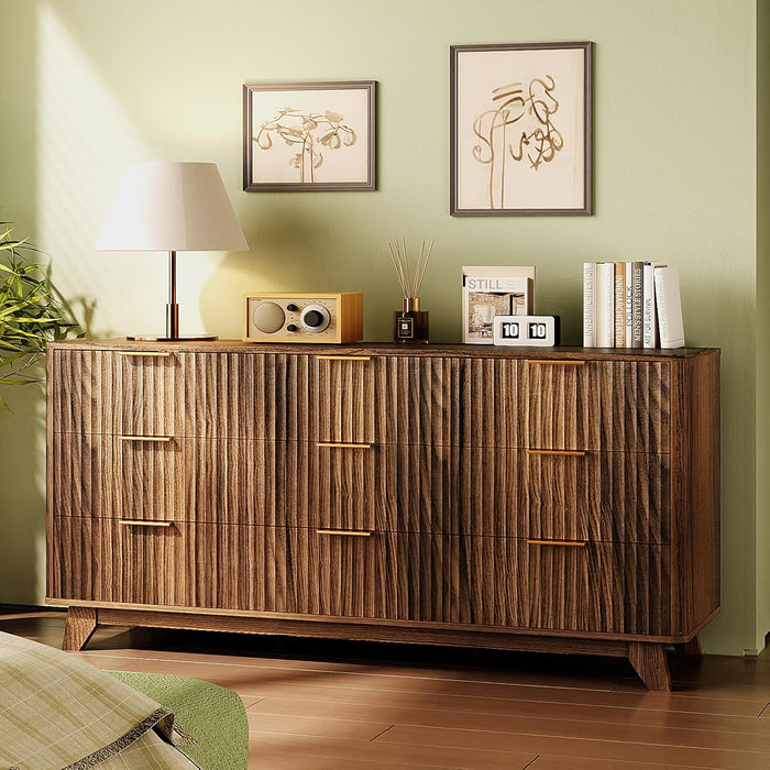Fluted Dressers Chest of Drawers,57" Fluted Wide Modern Dresser with Metal Handle, Curved Profile Design, Wood Drawer Organizer for Bedroom, Walnut
