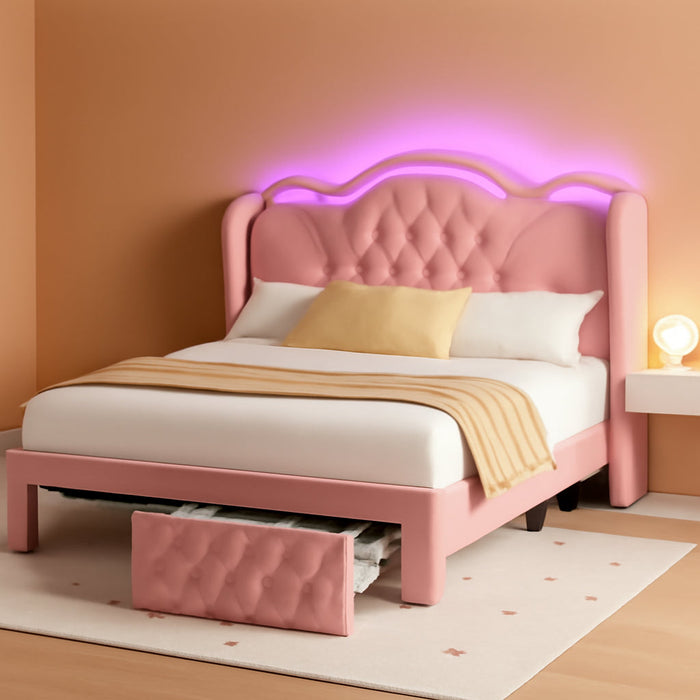Full Bed Frame with LED Lights and 2 Storage Drawers, Velvet Upholstered Platform with 47" Tall Arc-Shaped Wingback Headboard and Button Tufted Design, No Box Spring Needed, Noise-Free, Pink
