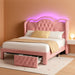 Full Bed Frame with LED Lights and 2 Storage Drawers, Velvet Upholstered Platform with 47" Tall Arc-Shaped Wingback Headboard and Button Tufted Design, No Box Spring Needed, Noise-Free, Pink