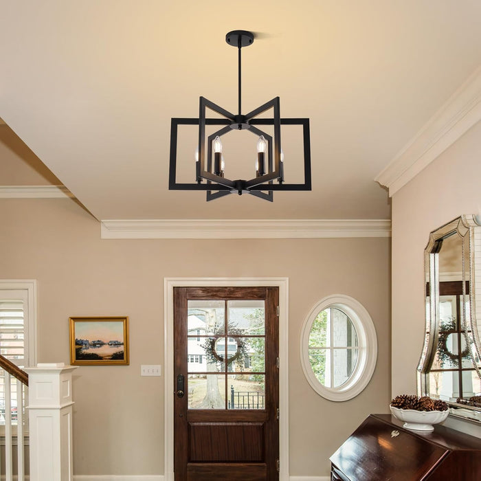 21.6" Black Farmhouse Chandelier,6-Light Geometric Dining Room Fixture,Modern Industrial Foyer Lighting Fixtures,Rustic Farmhouse Hanging Pendant Lights for Kitchen Island,Living Room,Bedroom,Entryway