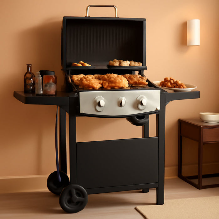 2-Burner Propane Gas BBQ Grill, 20,000 BTU Stainless Steel Grill with Side Shelves and Wheels, Portable Outdoor Grill for Patio, Backyard, Garden, or Camping Cooking