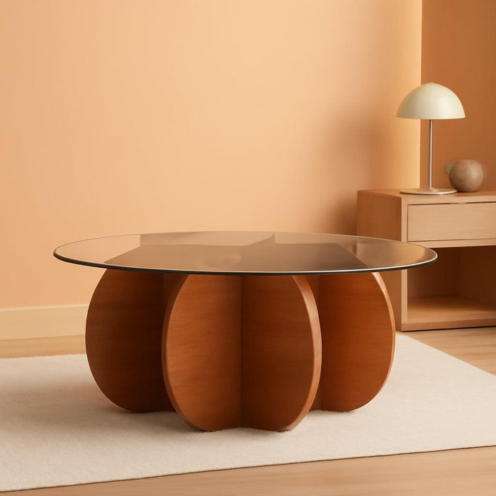 31.5'' round Glass Coffee Table, Mid Century Modern Cocktail Table with Tempered Glass Top, Sturdy Wood-Inspired Base for Living Room, Small Spaces, Home Office – Easy Assembly (Brown + Brown)