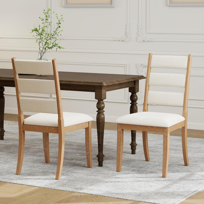Dining Chairs Set of 6 Farmhouse Kitchen Chairs with Upholstered Cushion Back and Seat Ladder Back Side Chairs for Dining Room Living Room Restaurant(Brown Frame, Chenille Beige)
