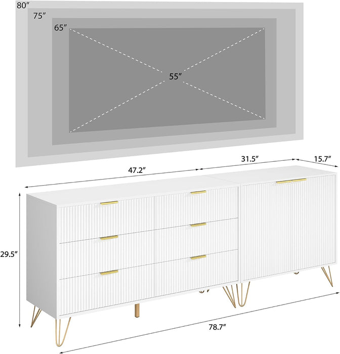 78” Fluted TV Stand for Tvs up to 80 Inch, Entertainment Center with Storage and Adjustable Shelves, Modern Media Console with Golden Handles for Living Room, White