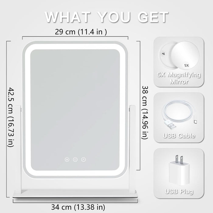 Vanity Mirror with Lights, 17.4'' X 13'' Makeup Mirror with Lights, Three Color Lighting Modes, and 5X Magnification Mirror, Smart Touch Control, 360°Rotation (White,Gift Box)