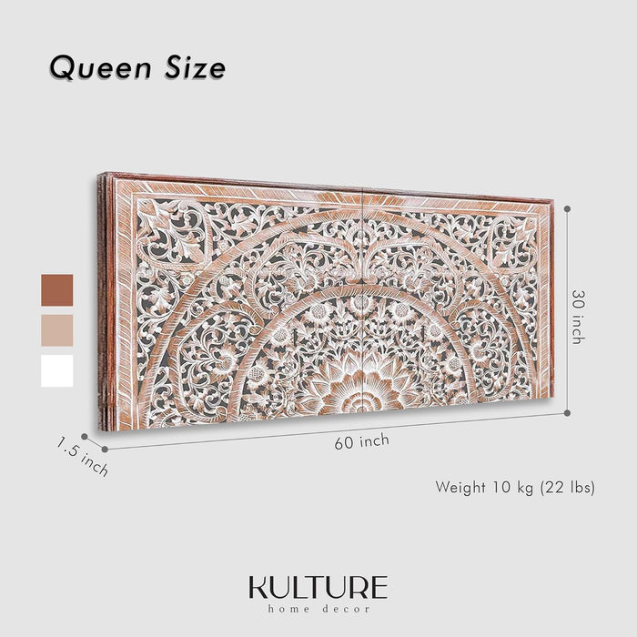 Queen Wood Headboard White-Wash | Carved Full Headboard Only | Wooden Headboard Full Size Bed | Wall Mount Headboard Queen | Full Bed Headboard Panels (Queen, Sumber, Antic)