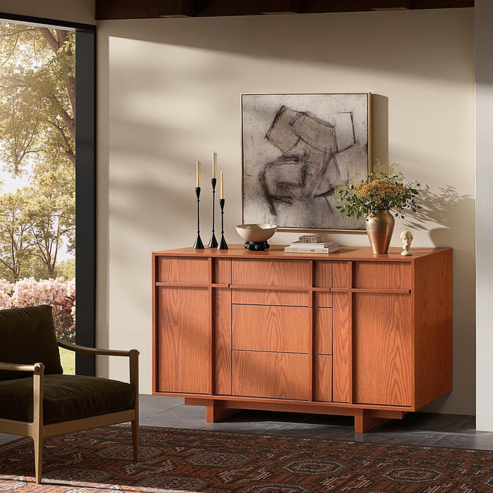47.2" Buffet Cabinet with Storage, Skeleton Line Design, Cherry | Sideboard with Drawers, Mid Century Modern Accent Cabinet with Wood Gain, Console Cabinets for Living Dining Room Entryway