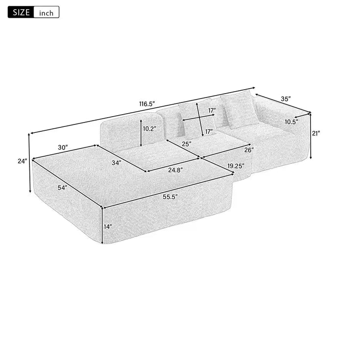 116.5 In. Straight Arm 4-Piece Boucle Fabric Sectional Sofa in Gray with 2 Pillows