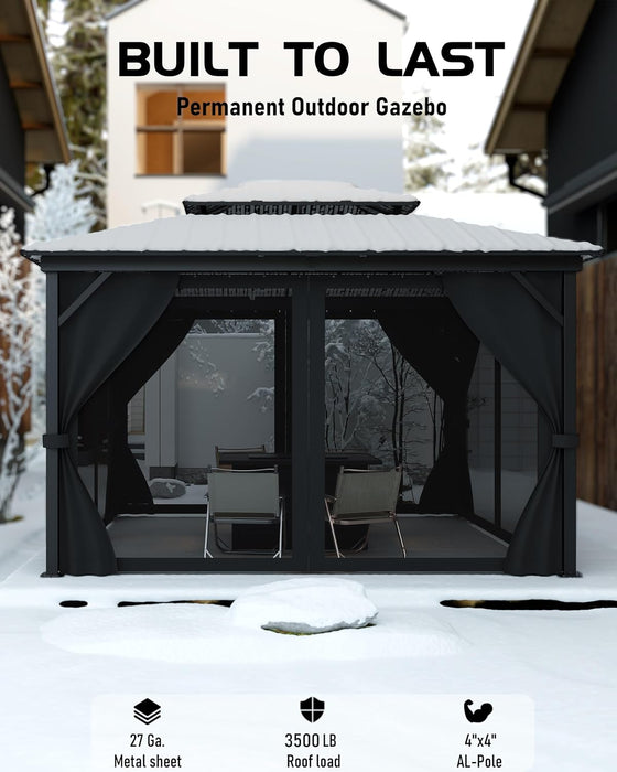Hardtop Gazebo 12'X14' for All Weather, with Double Metal Roof, Aluminum Alloy Frame, Net, and Curtain, Permanent Building for Patio, Deck, Backyard, Lawn, and Garden, Gray