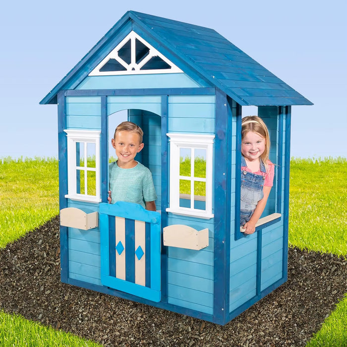 Woodbridge Wooden Outdoor Backyard Playhouse with Flower Boxes, Blue