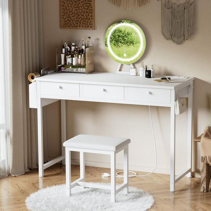 White Makeup Vanity Desk with Mirror and Lights Big Vanitys Set with Chair, Drawers and Power Outlet, Dressing Table Vanities for Girls Bedroom 47“