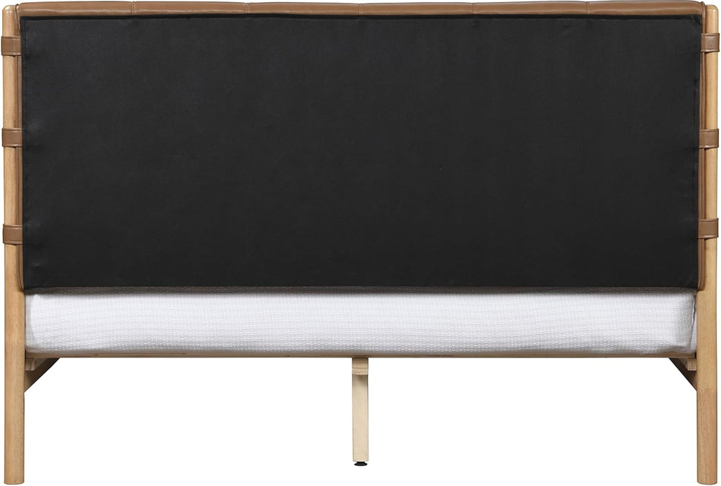 Ashercognac-Q Asher Collection Mid-Century Modern Queen Bed with Soft Cognac Vegan Leather, Solid Wood Natural Finish, 63.75" W X 85.5" D X 43.75" H, Cognac, Queen
