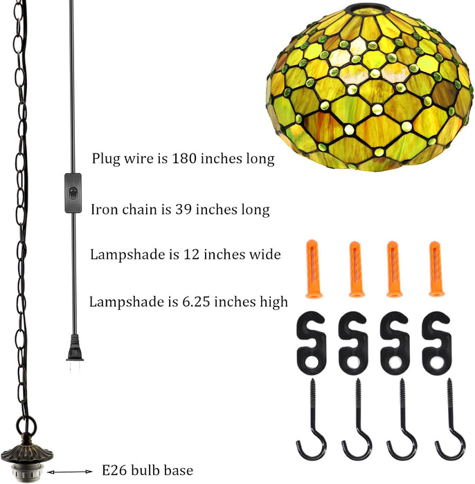Tiffany Style Plug in Hanging Lamp Green Pearl Stained Glass 180 Inch