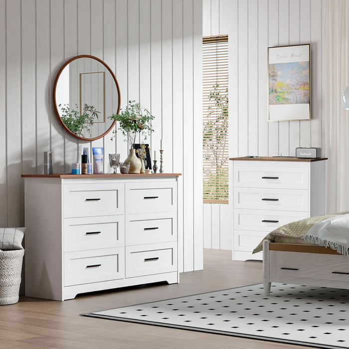 Farmhouse Dresser for Bedroom 6 Drawers Dresser with Power Outlets Rustic Chest of Drawers with Natural Texture White Organizer for Living Room Hallway