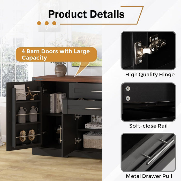 63" Farmhouse Barn Door Sideboard Buffet Cabinet with Storage – 2 Drawers, Adjustable Shelves, Door Rack, Kitchen Buffet, Large Sideboard Buffet Cabinet, Cabinet for Dishes, Black