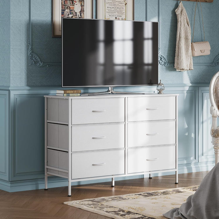 Wide Dresser with 6 Fabric Drawers, TV Stand for 50" TV, Closet Dresser with Metal Frame, Wooden Top, Fabric Dressers for Bedroom, Closet, Hallway, Living Room, Entryway, White