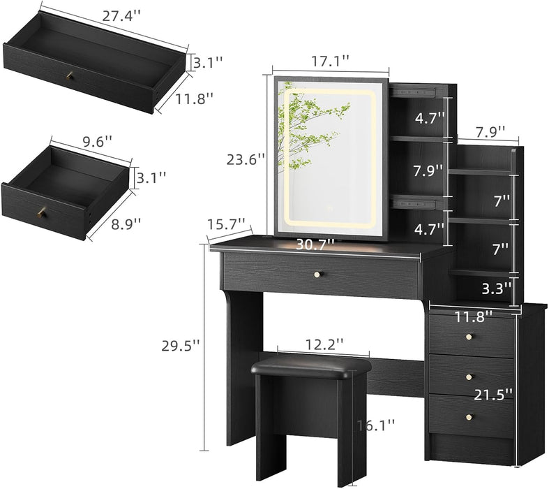 Black Makeup Vanity Desk with Sliding Mirror & 4 Drawers | Smart LED Mirror, 3 Adjustable Lighting Modes, Vanity Chair, 4 Drawers, 7 Shelves, Dressing Table for Women, Girls