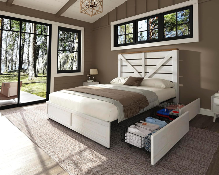 Full Size Farmhouse Bed Frame with 4 Drawers, Wooden Storage Bed Frame with Headboard and Heavy Duty Metal Slats, Noisy Free, Easy Assemble, White/Barnwood