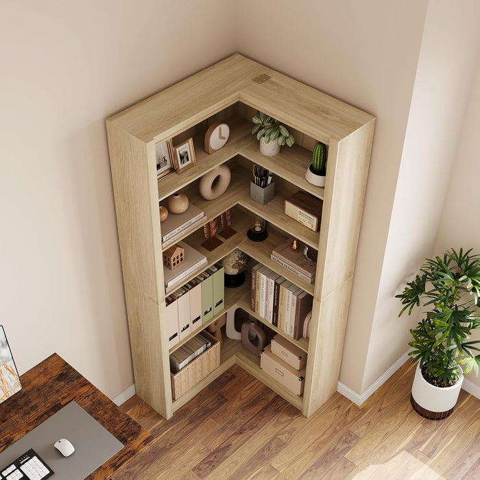 Corner Bookshelf 71 Inch Weathered WalnutFinish Organizer