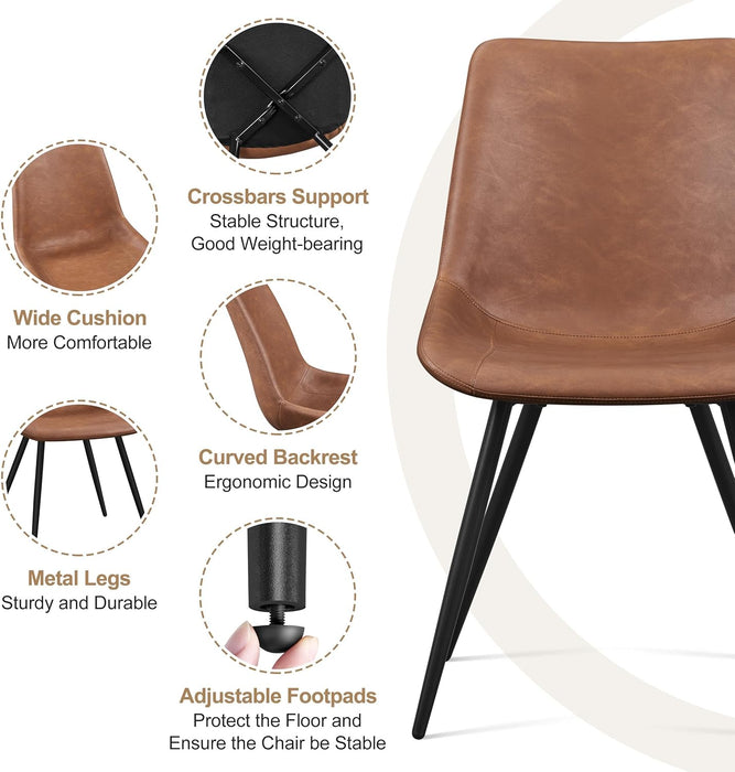 Dining Chairs Set of 2 Upholstered Modern Dining Room Chairs Mid Century Faux Leather Kitchen Chairs with Metal Legs for Dining Room Kitchen, Brown