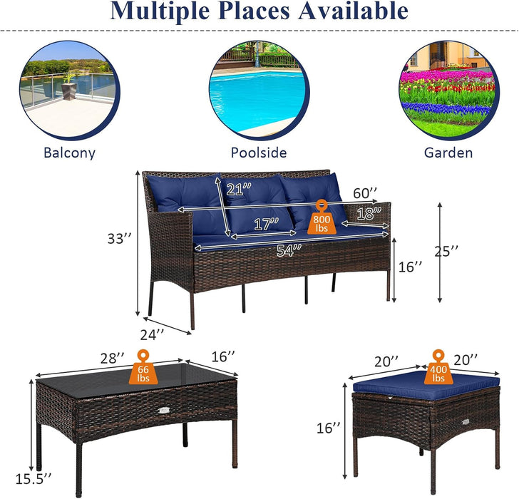 3 Pieces Patio Conversation Set, All Weather Outdoor PE Rattan Wicker Furniture Set with Padded Cushions, Tempered Glass Coffee Table, for Poolside, Backyard, Garden (Navy)
