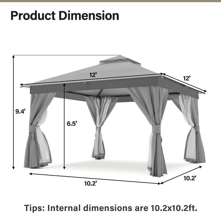 12x12 Ft Grey Gazebo Weatherproof With InsectNetting