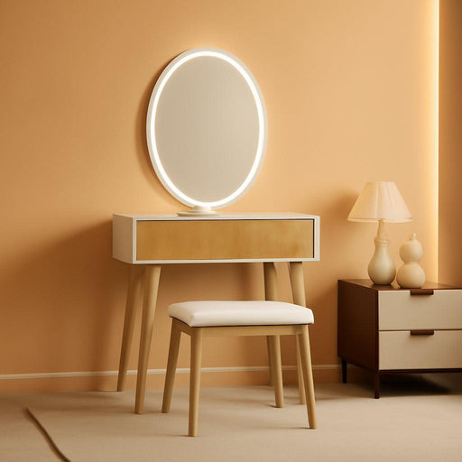 Small Vanity Desk with Mirror and Lights, Wooden Handles with Cushioned Stool, 3 Lighting Modes round Makeup Table with Upgraded Silent Slides, Compact Vanity for Small Spaces, Natural Oak