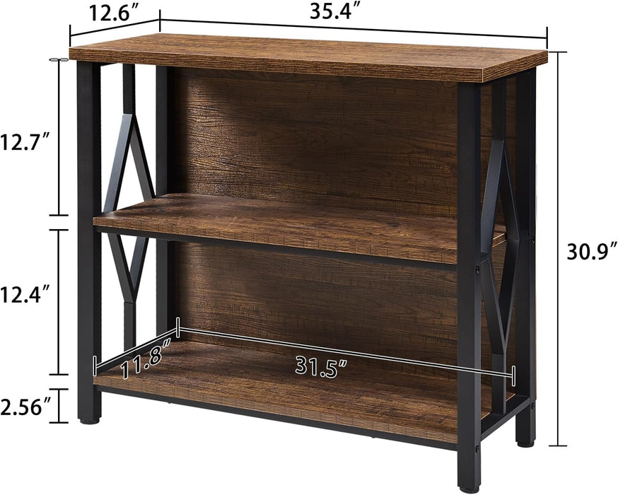 Bookshelf, 3-Tier Rustic Short Bookshelf, Industrial Shelf Bookcase with Engineered Wood Shelves, Low Bookcase with Storage, Small Shelf for Living Room, Bedroom and Office, Rustic Brown