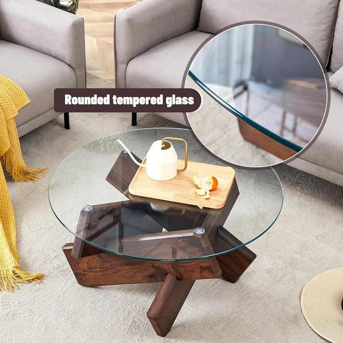 Round Glass Top Coffee Tables for Living Room, 33.4 Inch Rustic Farmhouse Center Table, Mid Century Circle Cocktail Table with Walnut Crossed Legs