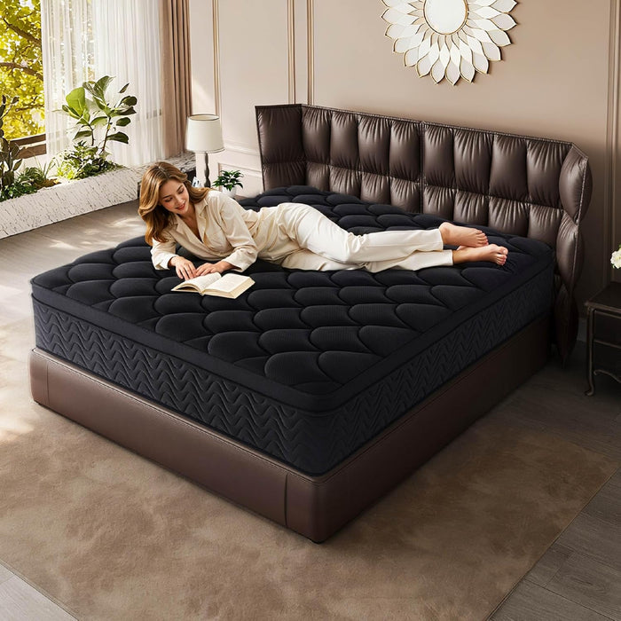 Premium 12 Inch Queen Size Mattress - Black Diamond Quilted, Individual Pocket Spring & Memory Foam Top, Luxurious Support, Pressure Relief