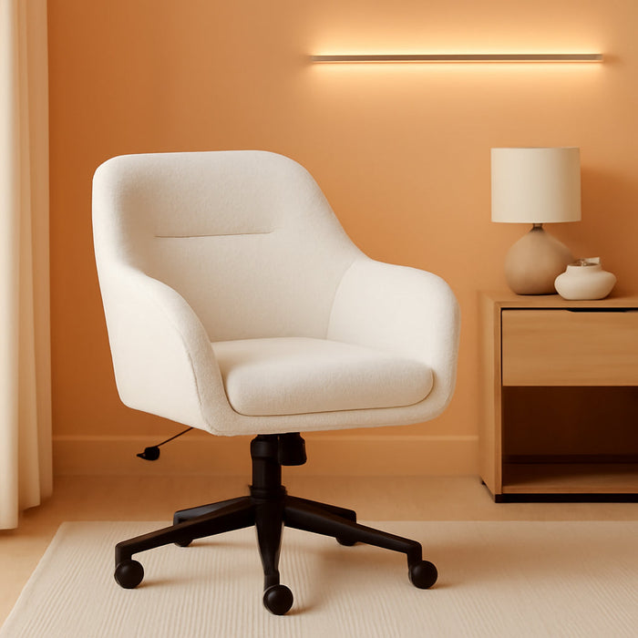 Rayna Swivel Task Chair with Flared Arms for Home Office in White Boucle with Oil Rubbed Bronze Frame