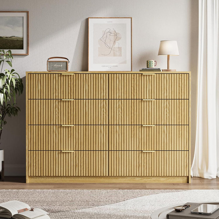 55" Wide Fluted 8-Drawer Double Dresser for Bedroom, Natural