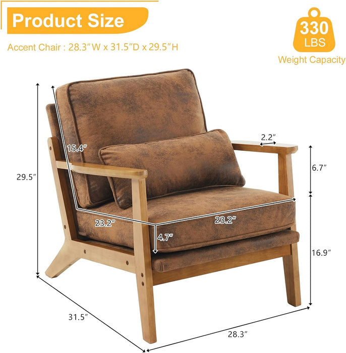 Accent Chair Wide Armrest Mid-Century Lounge Chair Bronzing Cloth Armchair with Lumbar Pillow & Solid Wood Frame for Living Room, Bedroom, Balcony, Brown