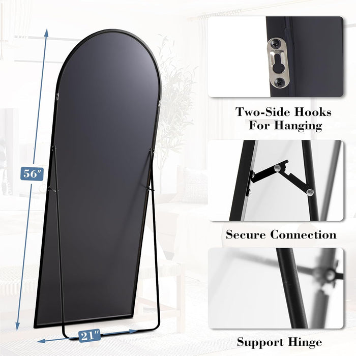 Arched Full Length Mirror with Stand Floor Standing Aluminum Frame for Bedroom Body Hanging Leaning Modern Simple Home Decor Shatter-Proorf Nano Glass Wall Living Room Cloakroom Black 56"X21"