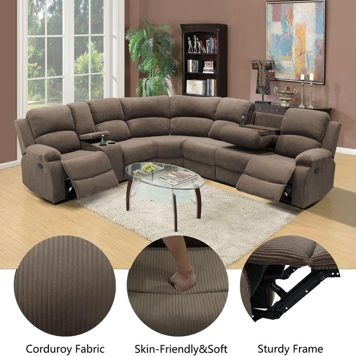 Manul Recliner Sectional Sofa for Living Room, Corduroy Fabric Sectional Reclinig Couch L Shape Recliner Sofa with Cup Holders, Storage Console and Drop down Table (Peanut)