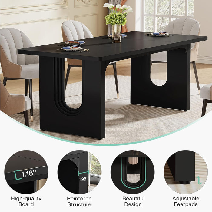 Modern Dining Table for 6 People, 71" Large Kitchen Dining Table with Wood Pedestal Base, Rectangular Long Dinner Table for Kitchen, Dining Room, Living Room, Black