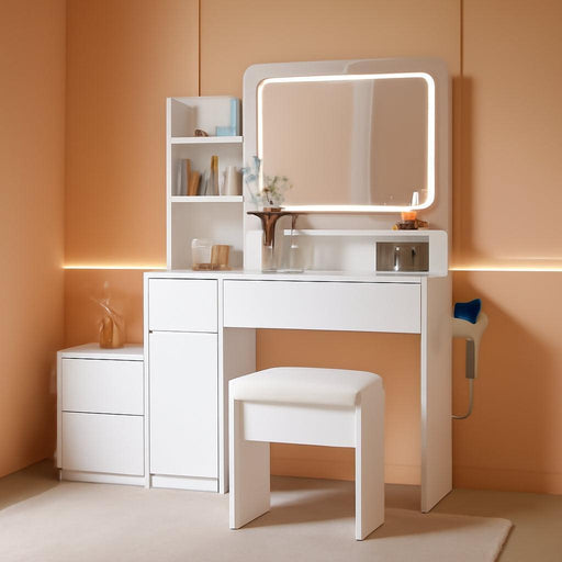 Vanity Desk with Mirror and Lights, Makeup Vanity with Power Outlet, 3 Color Adjustable Light, Dressing Table with 4 Drawers, Storage Shelves & Stool for Bedroom, White