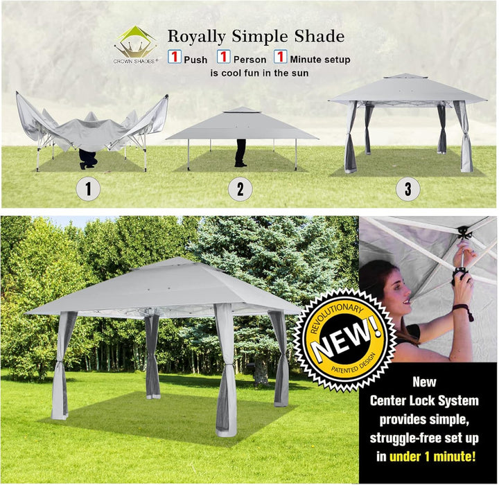 13X13 Pop up Gazebo, Patented One Push Outoor Canopy Tent with Wheeled Sto-N-Go Cover Bag, Pop up Canopy with Netting for Patio, Party, Backyard (13X13, Grey)