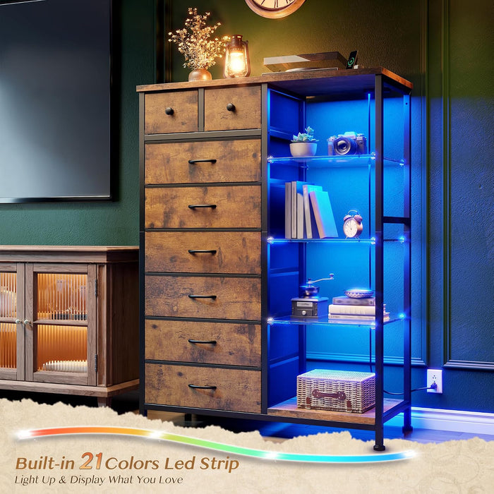 Dresser with LED Lights & Power Outlets, 8 Drawers, 54" H, Brown