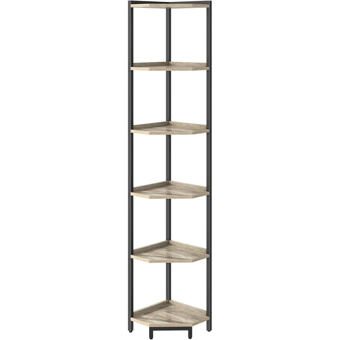 Corner Shelf Stand, Corner Bookshelf, Storage Standing Shelf Unit with Metal Frame, Plant Stand, Corner Bookcase for Living Room, Home Office, Bedroom, 6-Tier Greige CS06005B