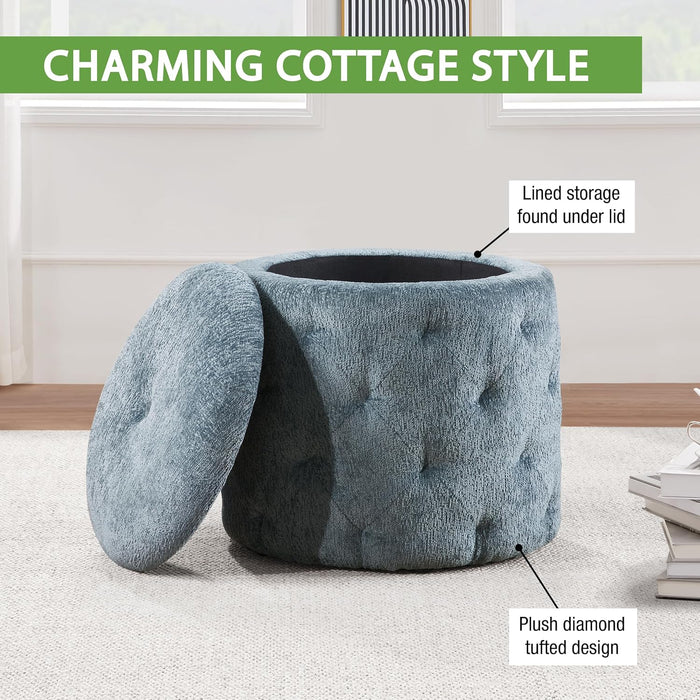 Erindale round Storage Ottoman, 18.75 Inch Diamond Tufted, Plush Lined Interior, Sky Blue
