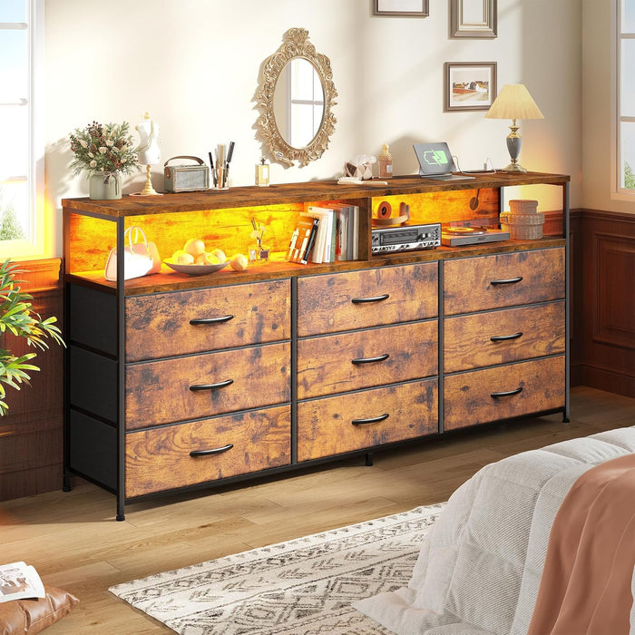 55" W Dresser for Bedroom with 9 Drawers, LED TV Stand with Power Outlets for 45, 55, 65 Inch TV, Sturdy Long Chest of Drawers with Extra 2 Wooden Shelves, Rustic Brown