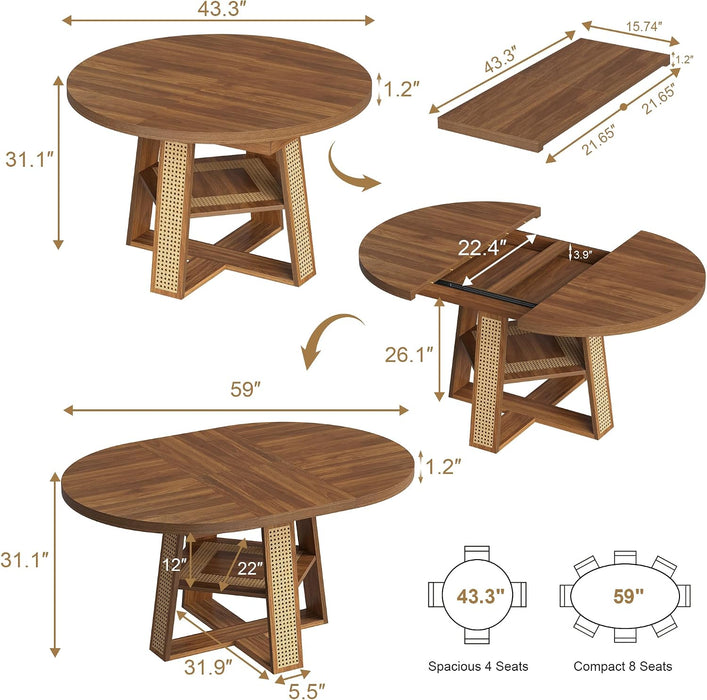 43"-59" Extendable round Dining Table for 4-8, Cross Leg | Modern Kitchen Oval Dining Table with Removable Leaves, Wood Base with Storage Shelf for Kitchen Living Room, Walnut