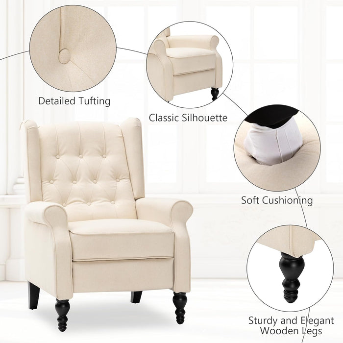 Mid Century Wingback Recliner Chair for Adults, Modern Linen Fabric Push Back Recliner Chairs with Button Tufted Upholstered Back & Footrest, Manual Recliner Chais for Living Room, Nursery, Beige