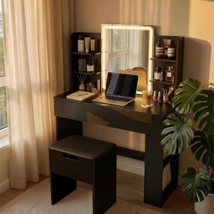 Vanity Desk with Mirror and LED Lights, Makeup Vanity Table with 3 Lighting Color, Adjustable Brightness, Vanity Table with 2 Drawers, Side Storage, for Bedroom (Black, with Bench)