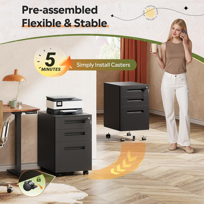 3 Drawer Mobile File Cabinet, Fully Assembled except Casters