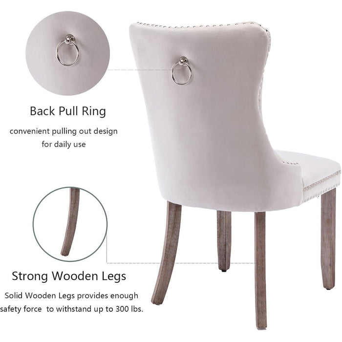 Beige Velvet Dining Chairs Set of 6, Upholstered Dining Room Chairs with Back Ring Pull Trim and Solid Wood Legs, Tufted Wingback Kitchen Chairs for Dining Room,Living Room,Kitchen(Beige)